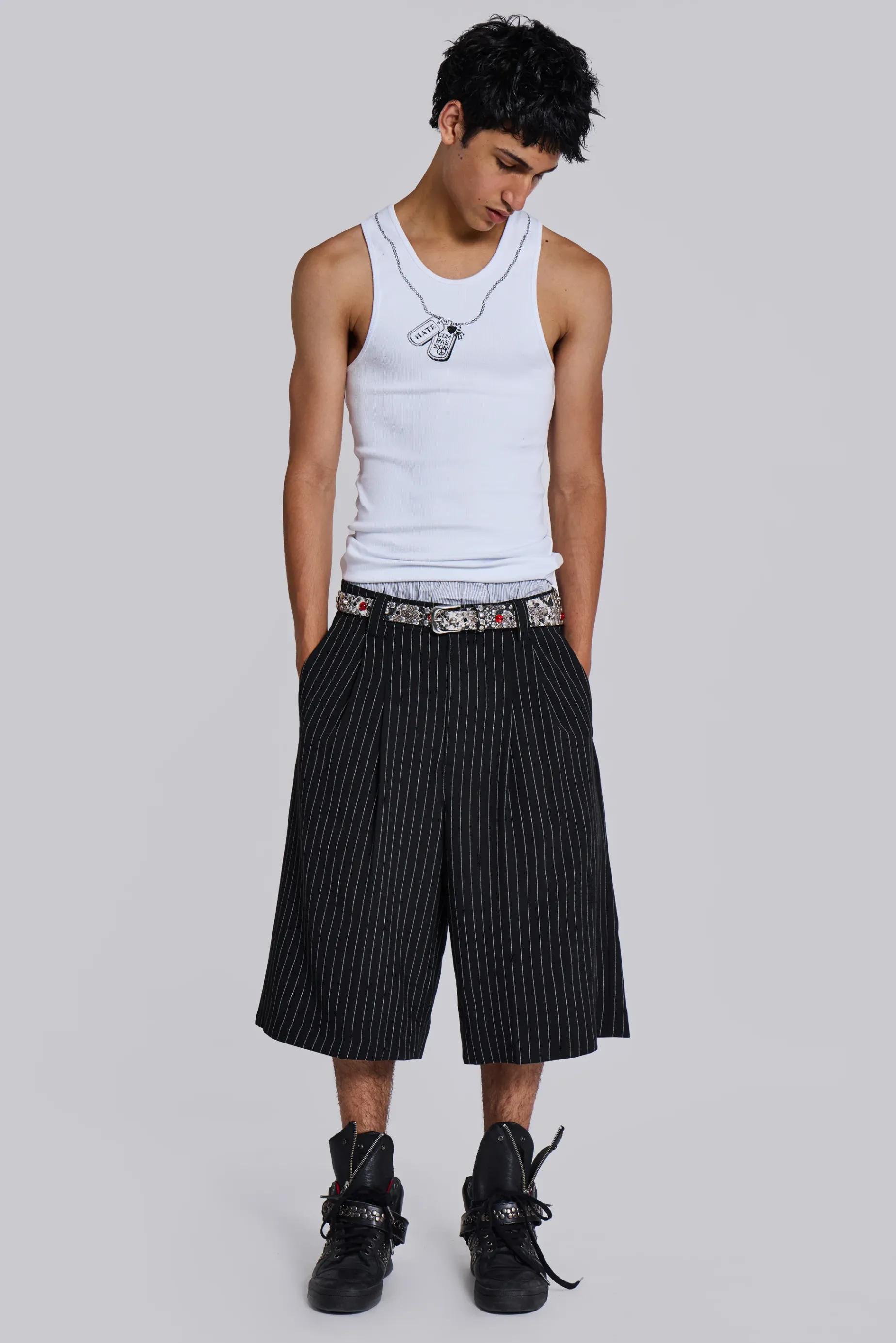 Jaded London Black Pinstripe Goliath Shorts- Jorts & Shorts