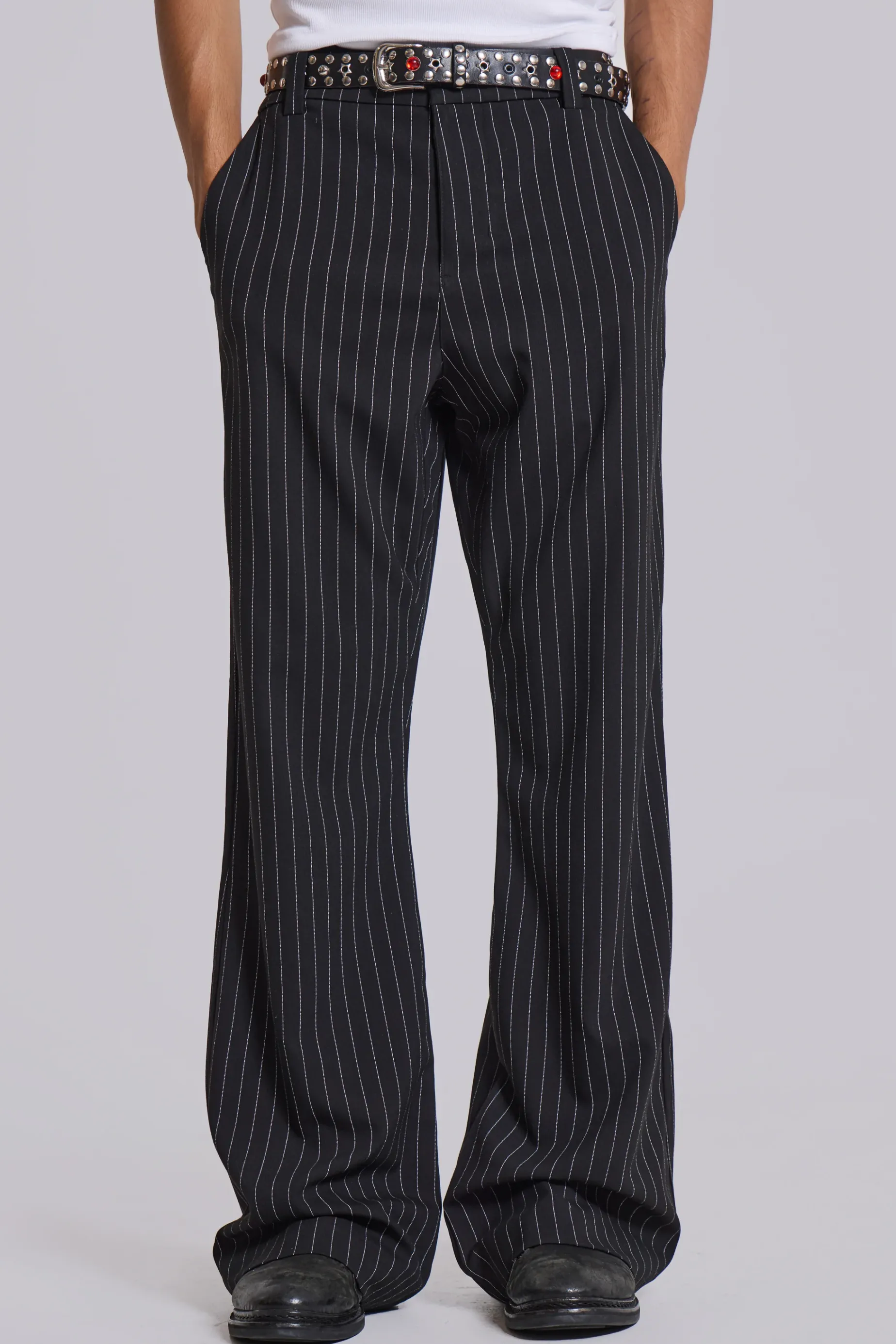 Jaded London Black Pinstripe Stacked Bootcut Suit Pants- Suit Trousers | Suit Trousers