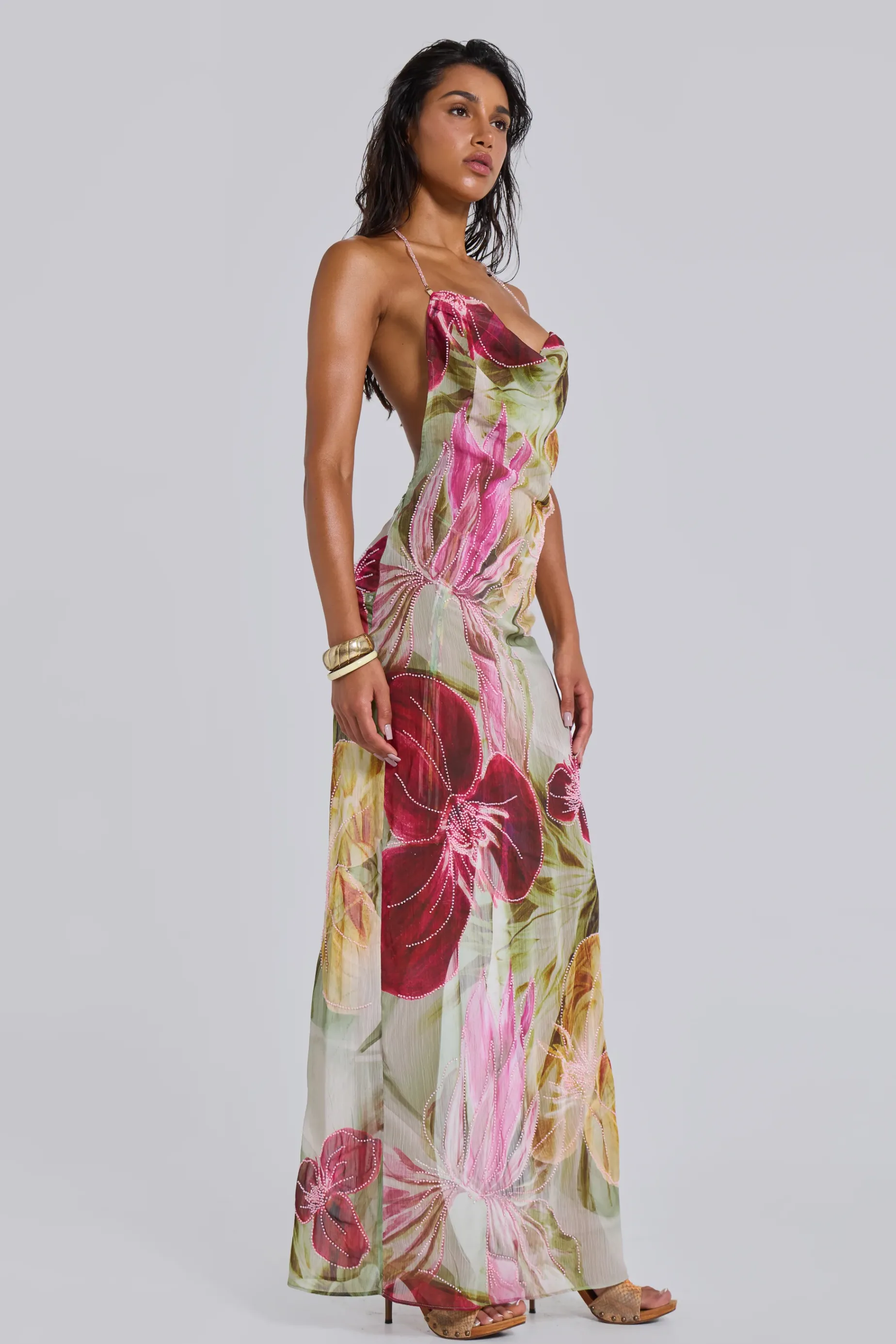 Jaded London Dahlia Hand-Beaded Backless Chiffon Maxi Dress-Women Beach Skirts & Dresses | Maxi Dresses