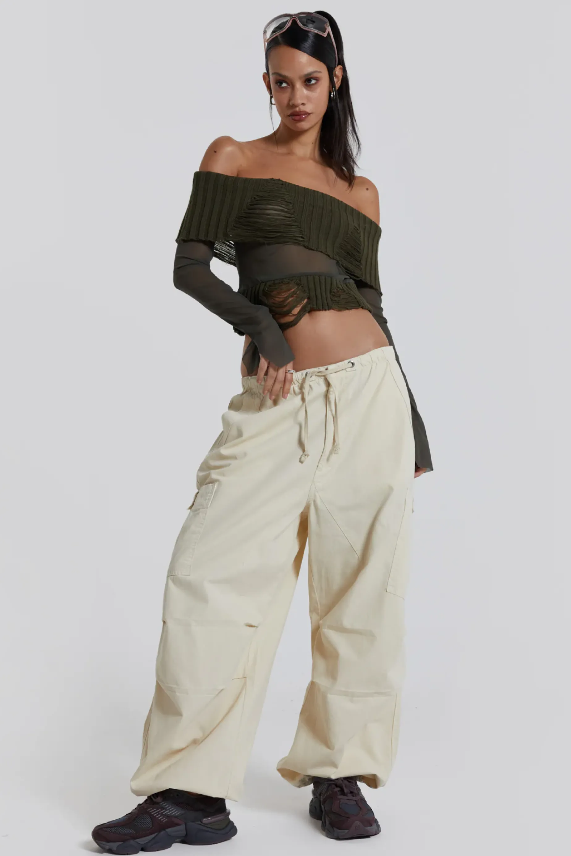 Jaded London Ecru Parachute Cargo Pants-Women Cargo Pants | Parachute Pants