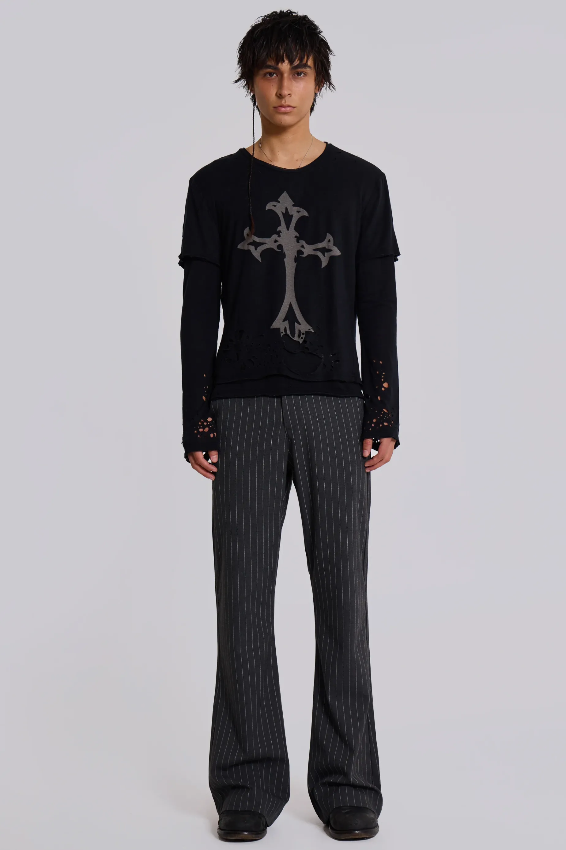 Jaded London Grey Pinstripe Stacked Bootcut Suit Pants- Suit Trousers | Suit Trousers