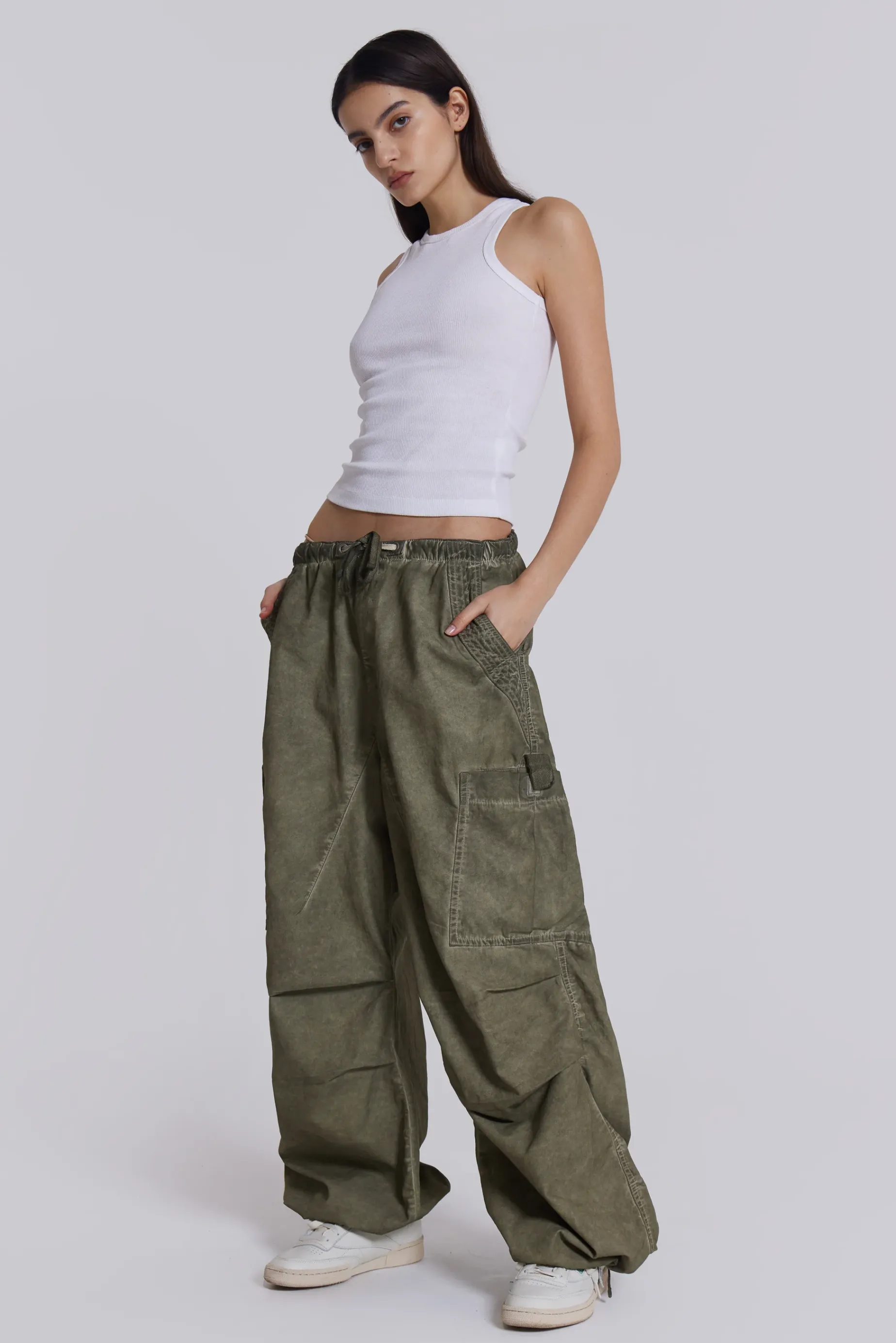 Jaded London Khaki Oil Wash Parachute Pants-Women Parachute Pants | Parachute Pants
