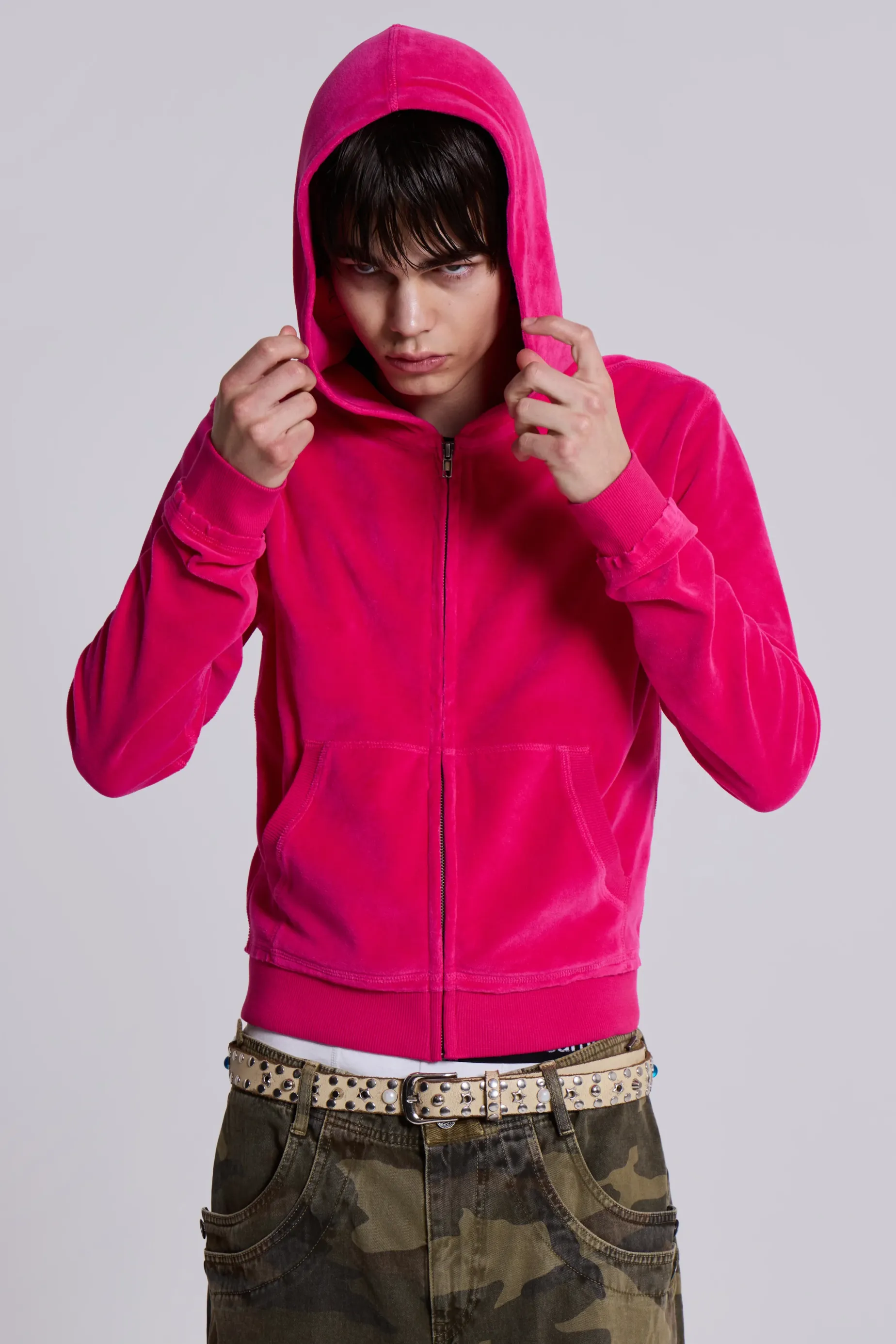 Jaded London Low Life Hot Pink Velour Hoodie- Hoodies & Sweatshirts | Hoodies & Sweatshirts