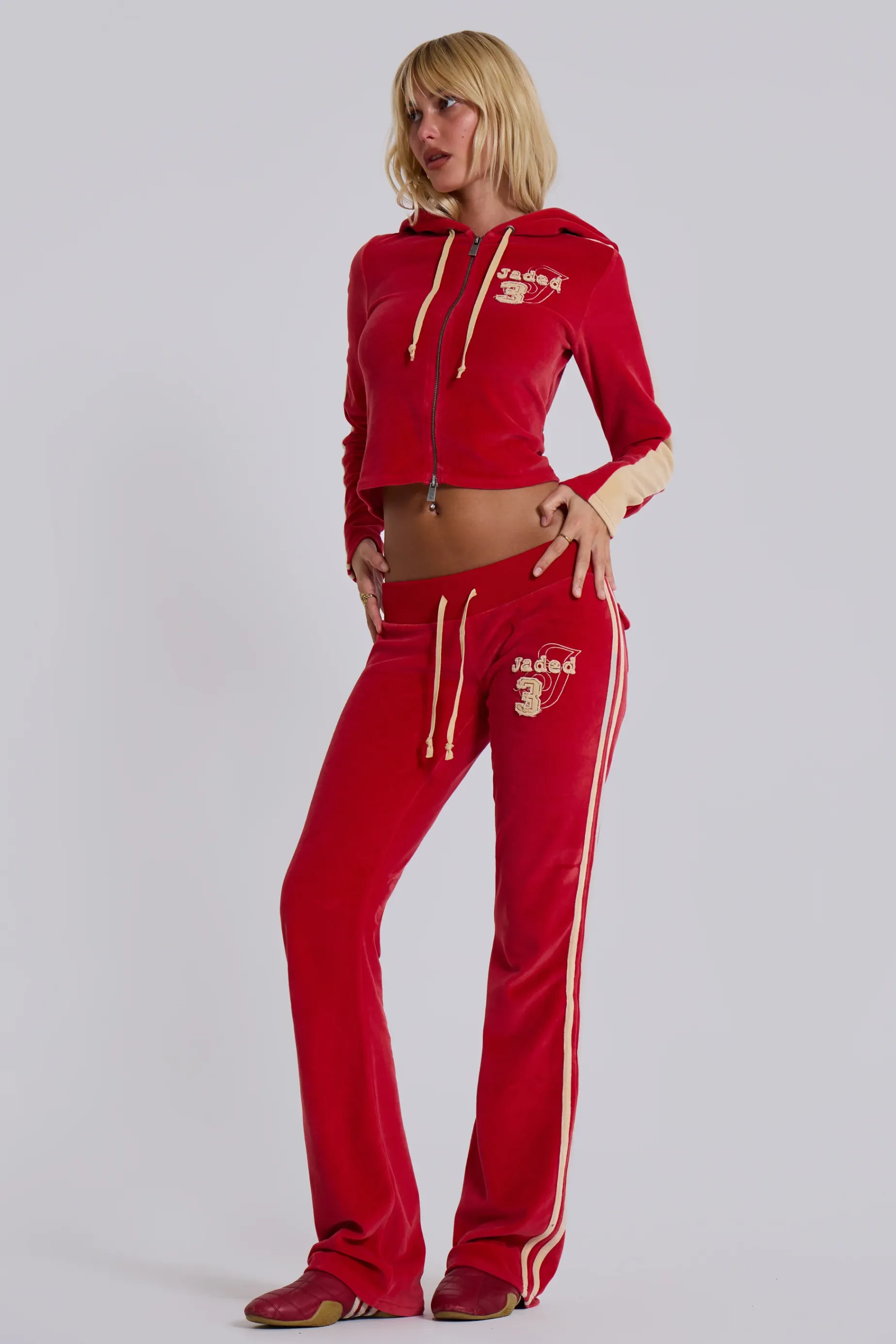 Jaded London Red Three Velour Low-rise Bootcut Trousers-Women Trousers & Pants | Baggy Joggers & Sweatpants