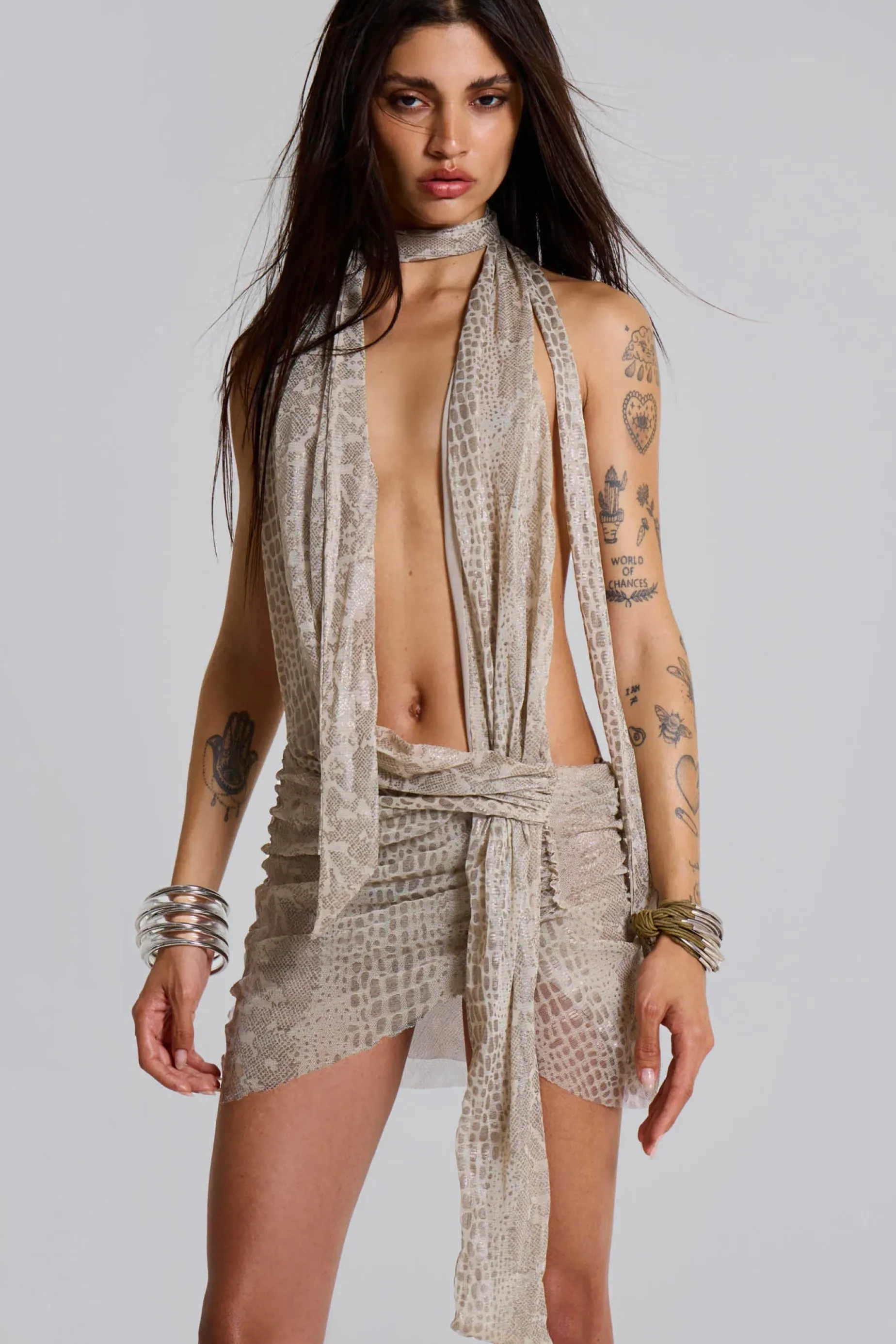Jaded London Spyro Snakeskin Plunge Mini Dress-Women Beach Skirts & Dresses